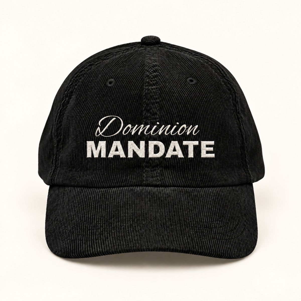 Model mockup of Dominion Mandate Embroidered Corduroy Cap — Vintage Rust Baseball Hat, Black colorway