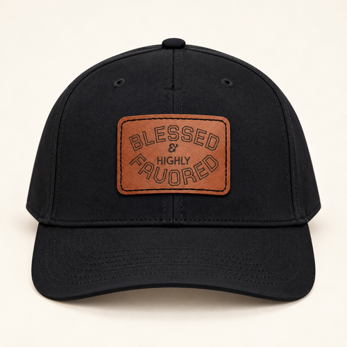 Model mockup of Blessed & Highly Favored Leather Patch Baseball Cap, Black / Light Brown patch / Rectangle colorway