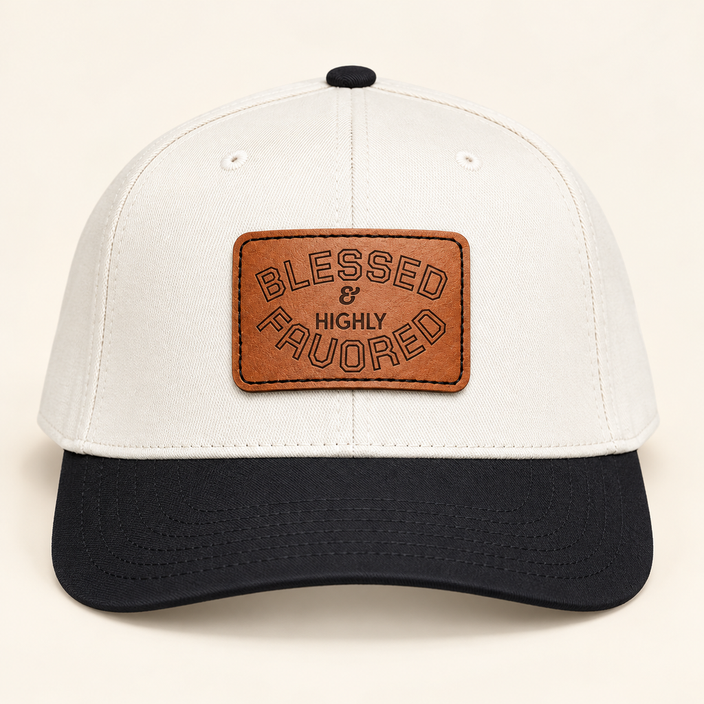 Model mockup of Blessed & Highly Favored Leather Patch Baseball Cap, Black / Natural / Light Brown patch / Rectangle colorway