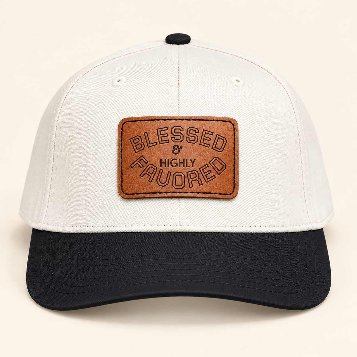 Model mockup of Blessed & Highly Favored Leather Patch Baseball Cap, Black / Natural / Light Brown patch / Rectangle colorway