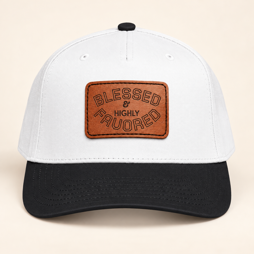 Model mockup of Blessed & Highly Favored Leather Patch Baseball Cap, Black / White / Light Brown patch / Rectangle colorway