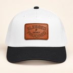 Model mockup of Blessed & Highly Favored Leather Patch Baseball Cap, Black / White / Light Brown patch / Rectangle colorway