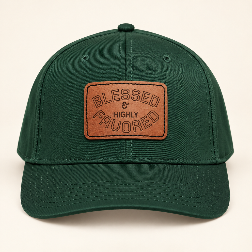 Model mockup of Blessed & Highly Favored Leather Patch Baseball Cap, Dark Green / Light Brown patch / Rectangle colorway