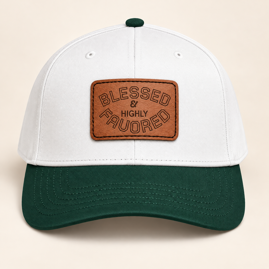 Model mockup of Blessed & Highly Favored Leather Patch Baseball Cap, Dark Green / White / Light Brown patch / Rectangle colorway