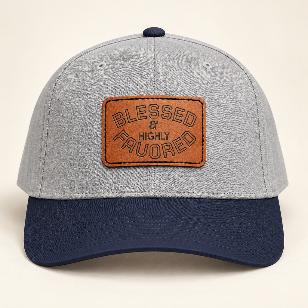 Model mockup of Blessed & Highly Favored Leather Patch Baseball Cap, Grey / Navy / Light Brown patch / Rectangle colorway