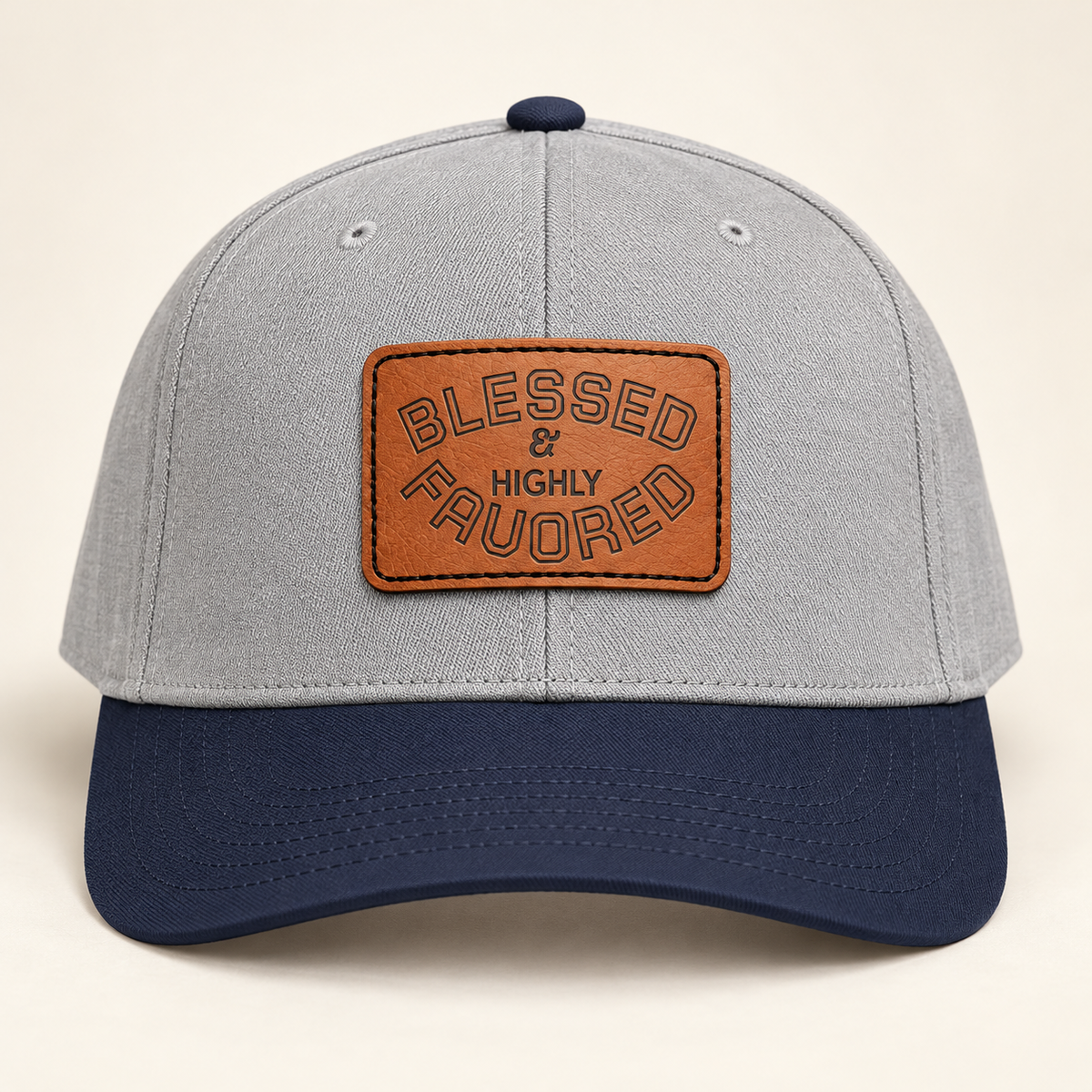 Model mockup of Blessed & Highly Favored Leather Patch Baseball Cap, Grey / Navy / Light Brown patch / Rectangle colorway