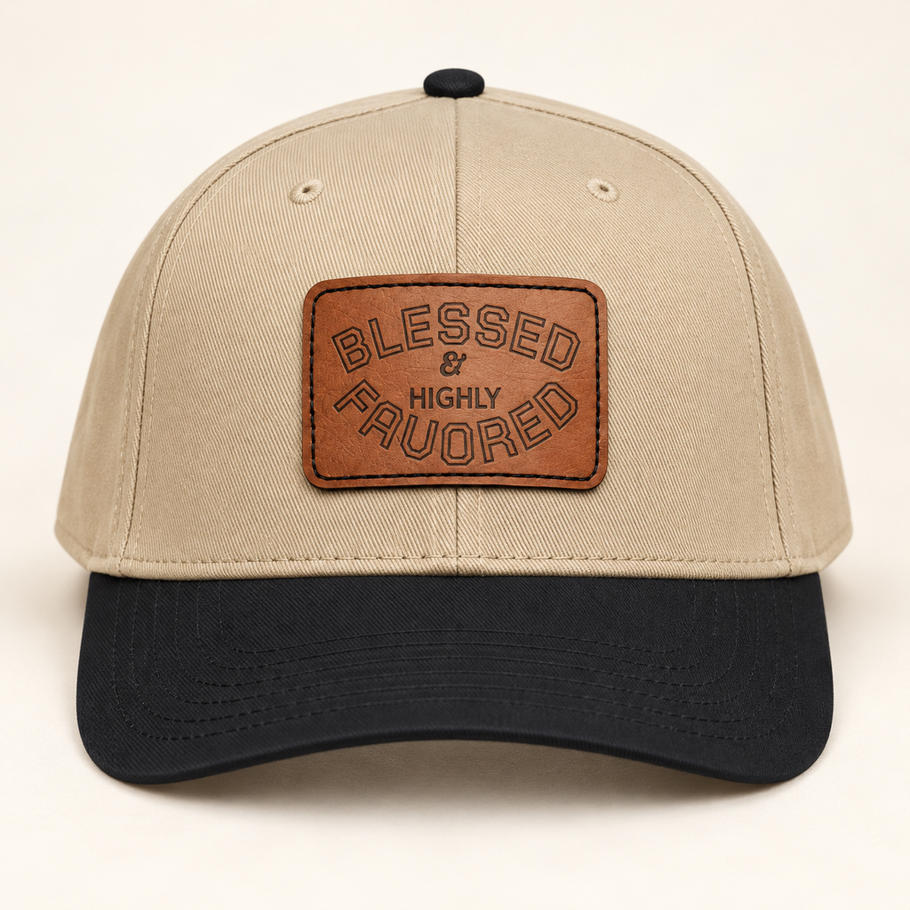 Model mockup of Blessed & Highly Favored Leather Patch Baseball Cap, Khaki / Black / Light Brown patch / Rectangle colorway