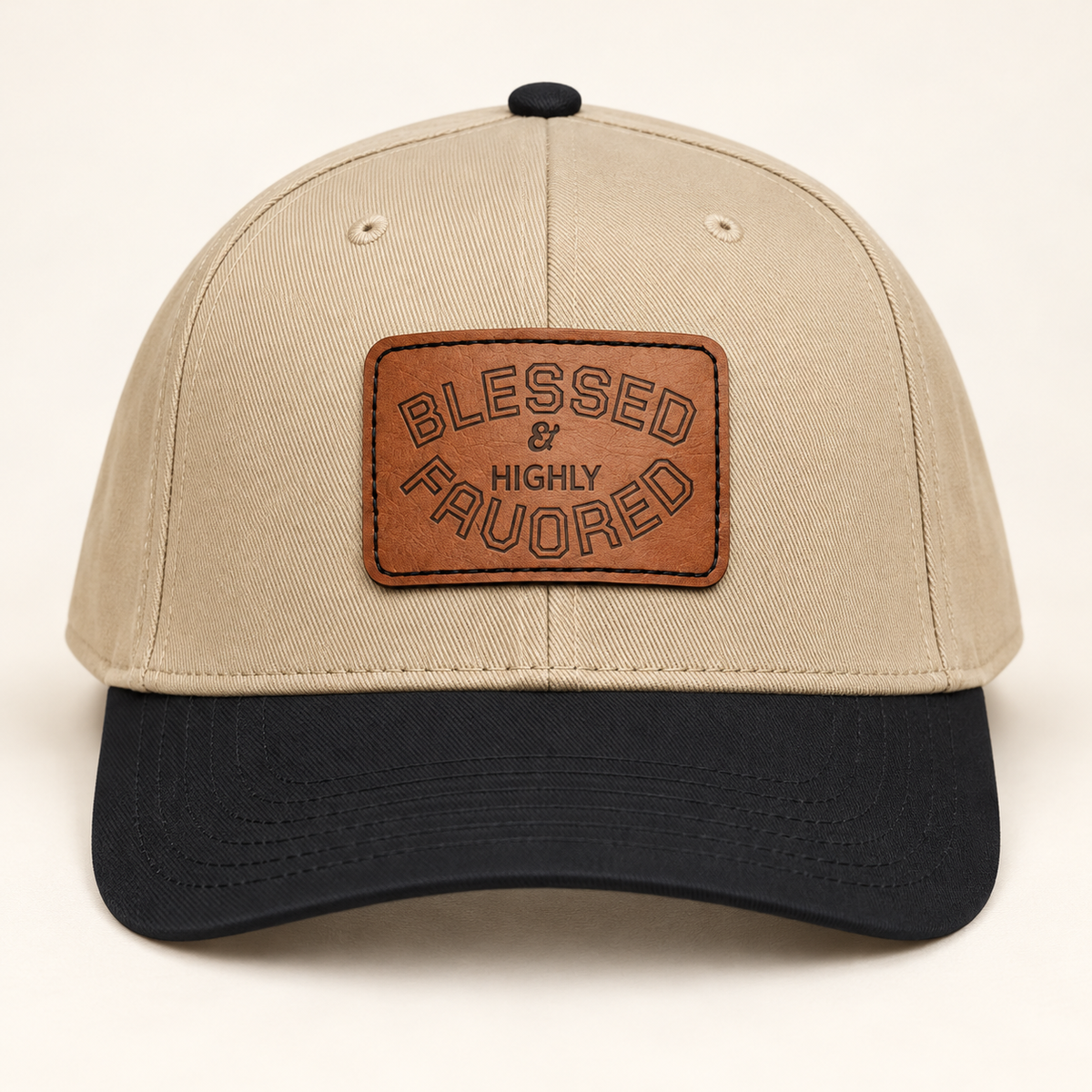 Model mockup of Blessed & Highly Favored Leather Patch Baseball Cap, Khaki / Black / Light Brown patch / Rectangle colorway
