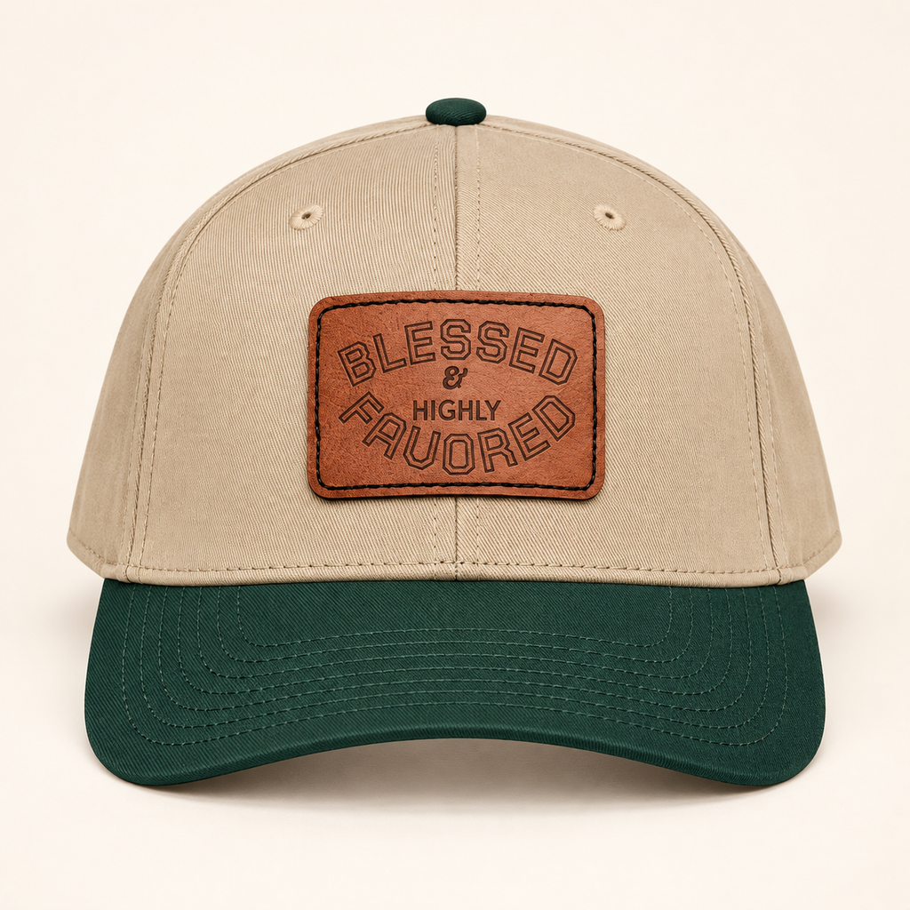Model mockup of Blessed & Highly Favored Leather Patch Baseball Cap, Khaki / Dark Green / Light Brown patch / Rectangle colorway