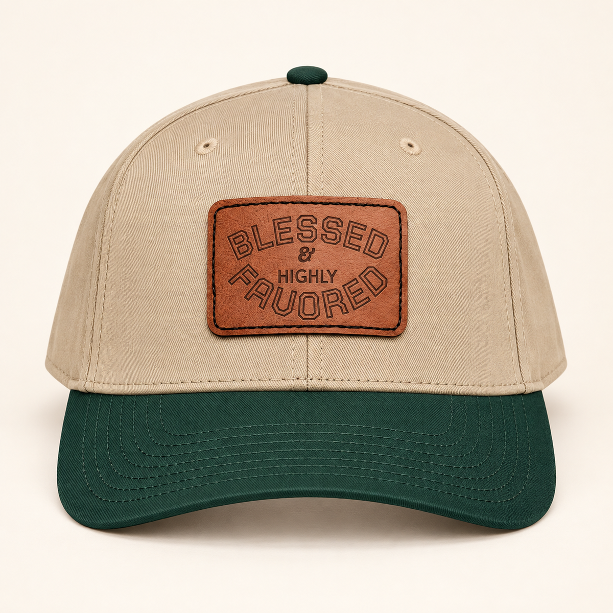 Model mockup of Blessed & Highly Favored Leather Patch Baseball Cap, Khaki / Dark Green / Light Brown patch / Rectangle colorway