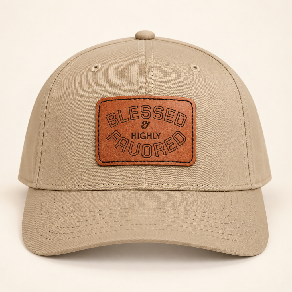 Model mockup of Blessed & Highly Favored Leather Patch Baseball Cap, Khaki / Light Brown patch / Rectangle colorway