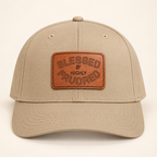 Model mockup of Blessed & Highly Favored Leather Patch Baseball Cap, Khaki / Light Brown patch / Rectangle colorway