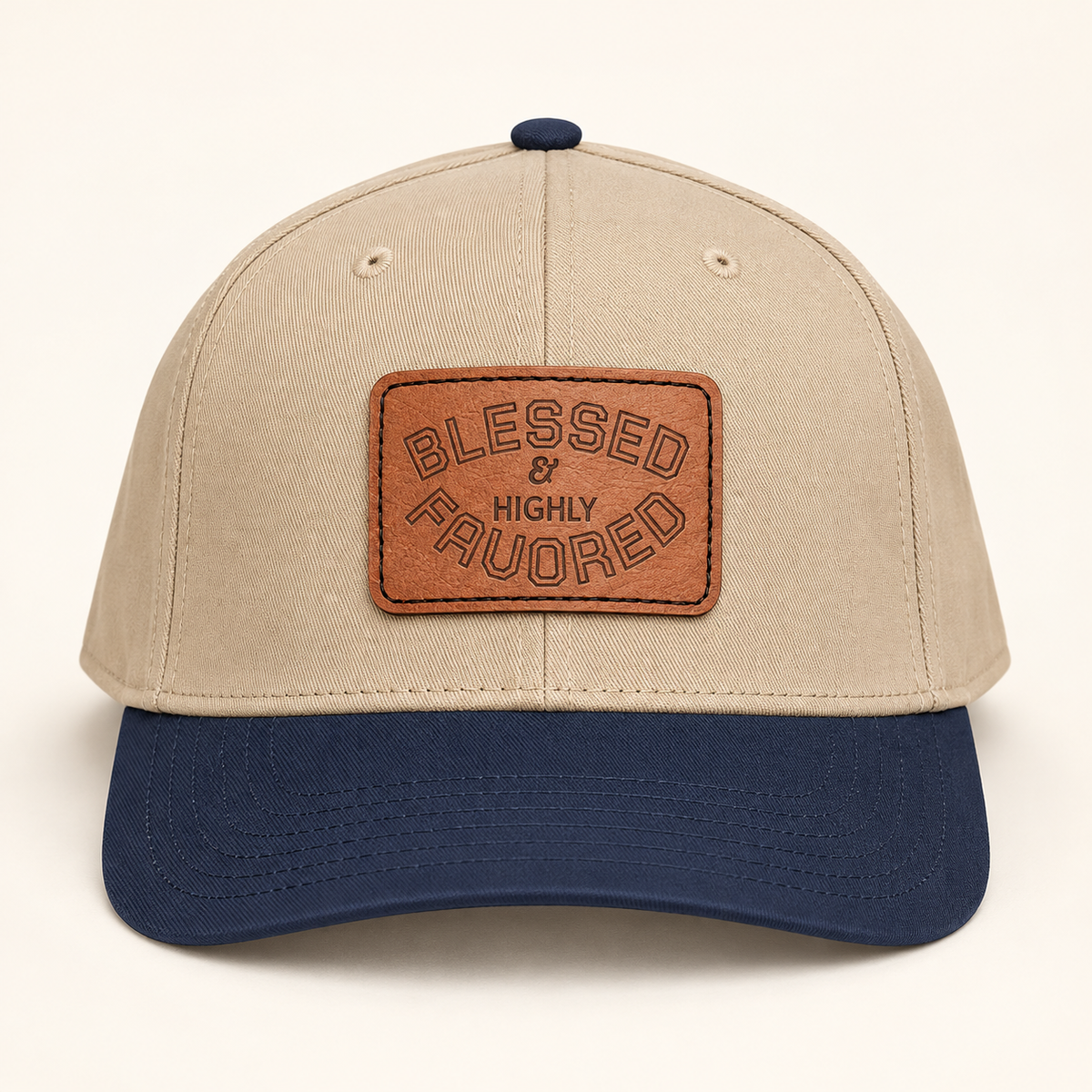 Model mockup of Blessed & Highly Favored Leather Patch Baseball Cap, Khaki / Navy / Light Brown patch / Rectangle colorway
