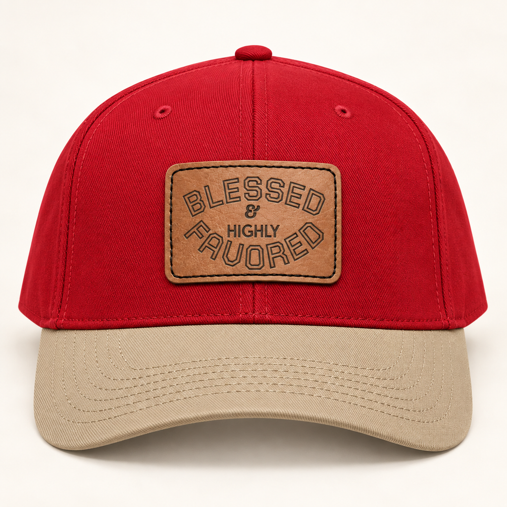 Model mockup of Blessed & Highly Favored Leather Patch Baseball Cap, Red / Khaki / Light Brown patch / Rectangle colorway