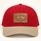 Model mockup of Blessed & Highly Favored Leather Patch Baseball Cap, Red / Khaki / Light Brown patch / Rectangle colorway
