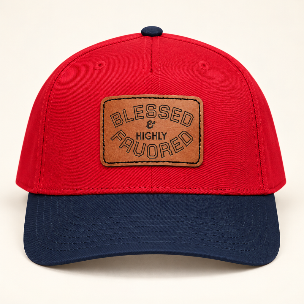 Model mockup of Blessed & Highly Favored Leather Patch Baseball Cap, Red / Navy / Light Brown patch / Rectangle colorway