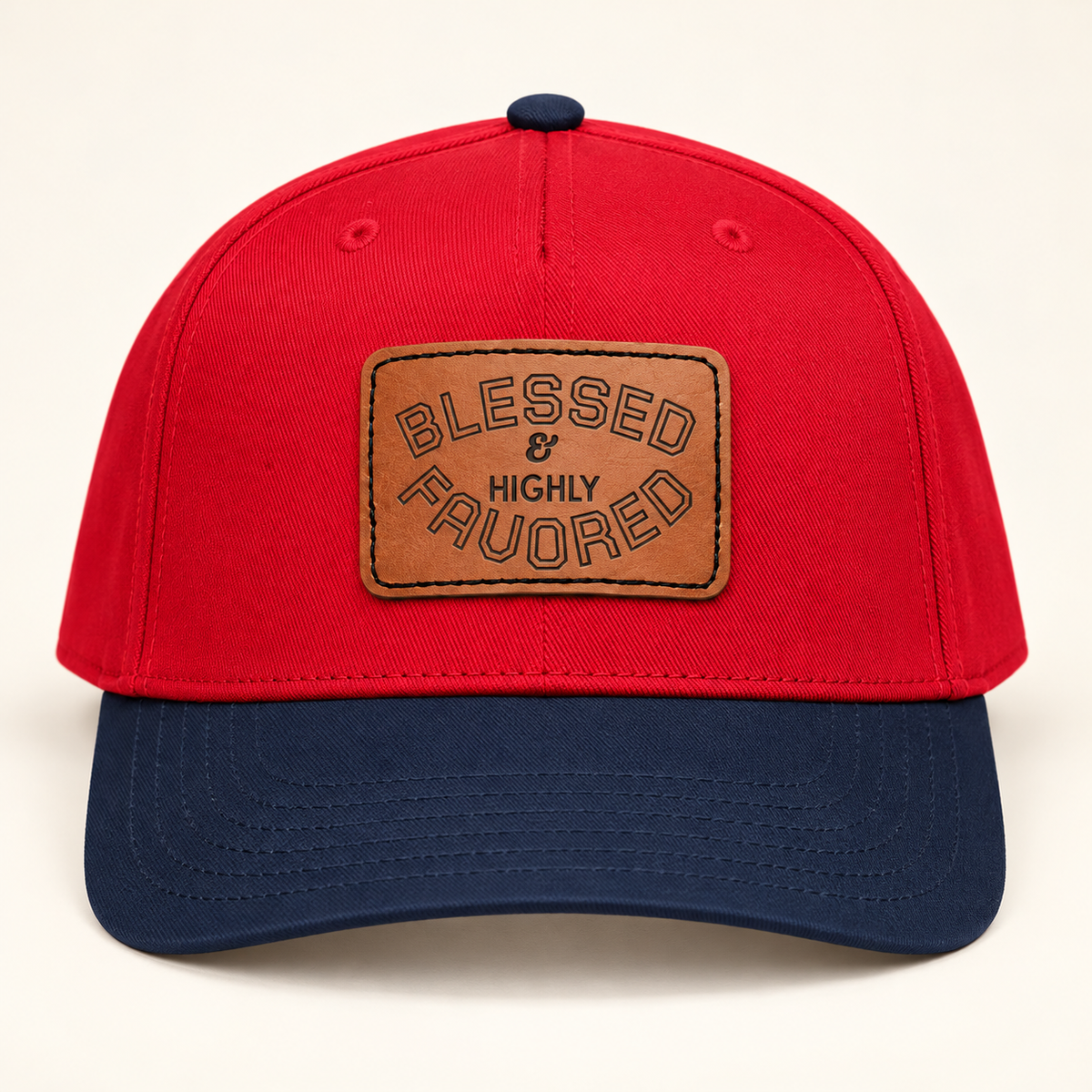 Model mockup of Blessed & Highly Favored Leather Patch Baseball Cap, Red / Navy / Light Brown patch / Rectangle colorway