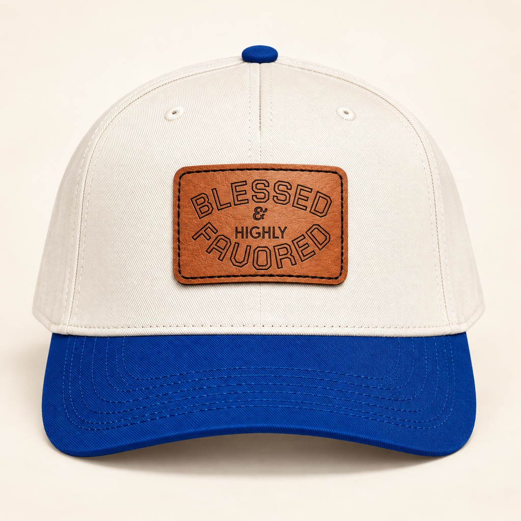 Model mockup of Blessed & Highly Favored Leather Patch Baseball Cap, Royal / Natural / Light Brown patch / Rectangle colorway