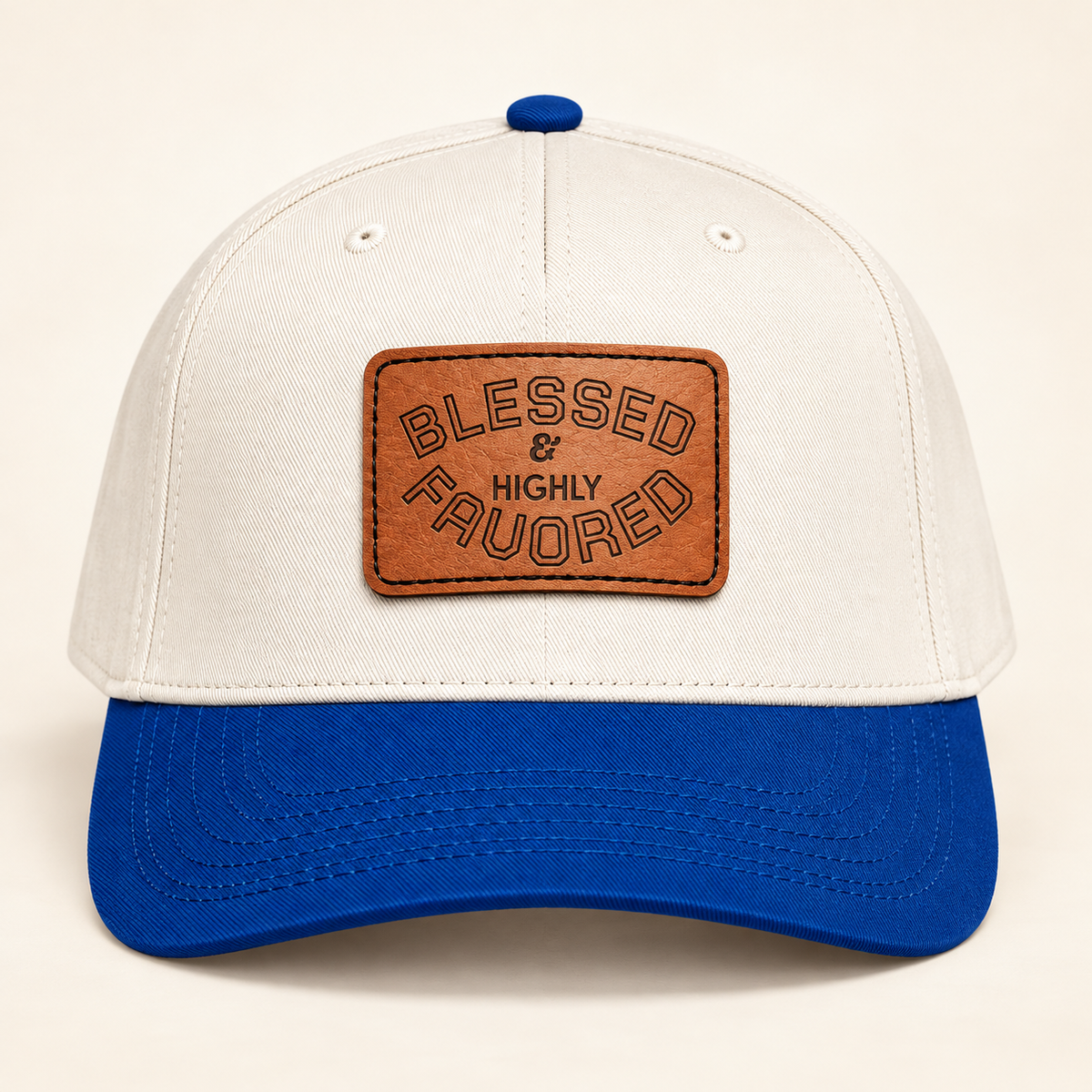 Model mockup of Blessed & Highly Favored Leather Patch Baseball Cap, Royal / Natural / Light Brown patch / Rectangle colorway