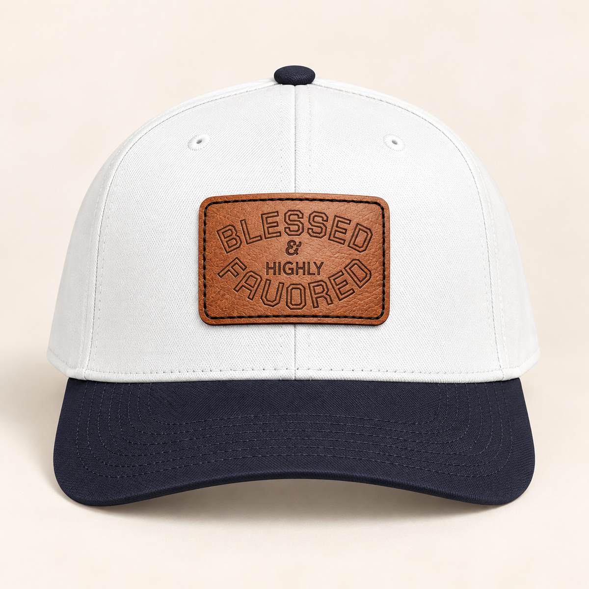 Model mockup of Blessed & Highly Favored Leather Patch Baseball Cap, White / Light Brown patch / Rectangle colorway