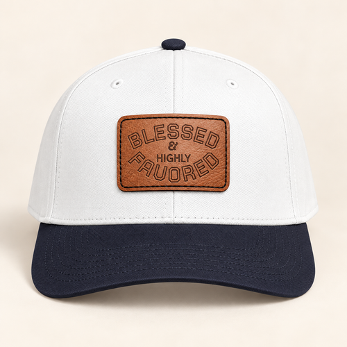 Model mockup of Blessed & Highly Favored Leather Patch Baseball Cap, White / Light Brown patch / Rectangle colorway