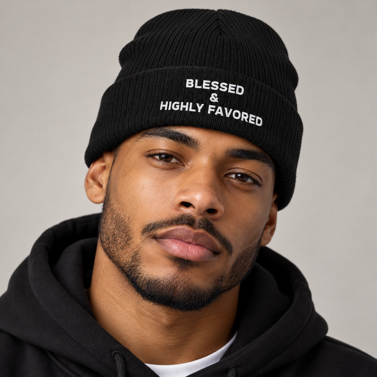 Model mockup of Blessed & Highly Favored ribbed knit beanie in Black