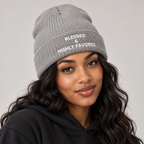 Model mockup of Blessed & Highly Favored ribbed knit beanie in Light Grey Melange