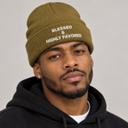 Model mockup of Blessed & Highly Favored ribbed knit beanie in Mustard