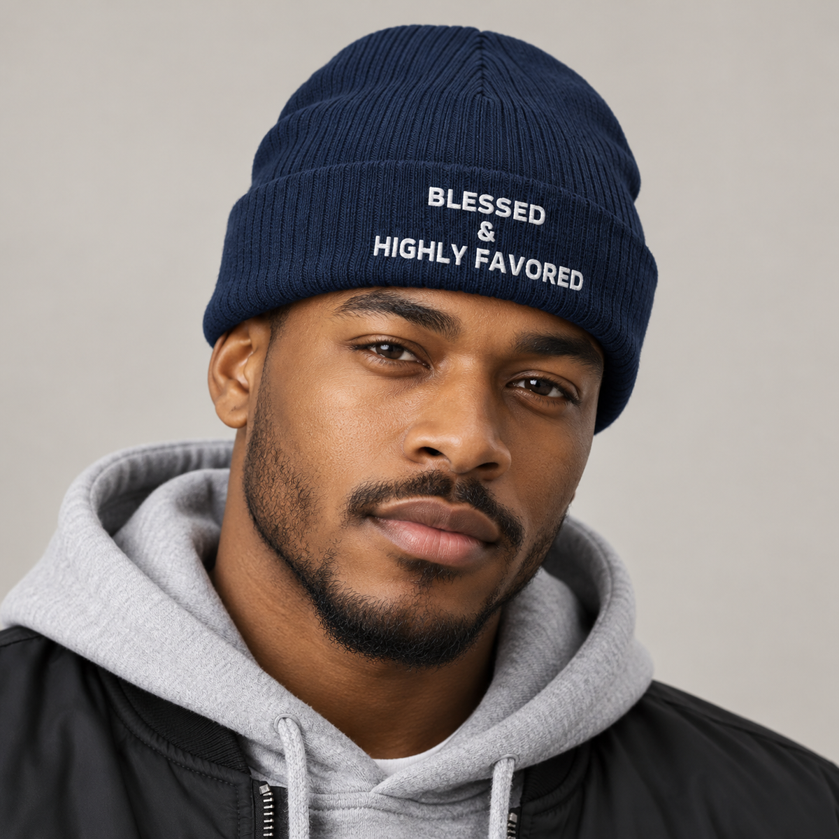 Model mockup of Blessed & Highly Favored ribbed knit beanie in Navy