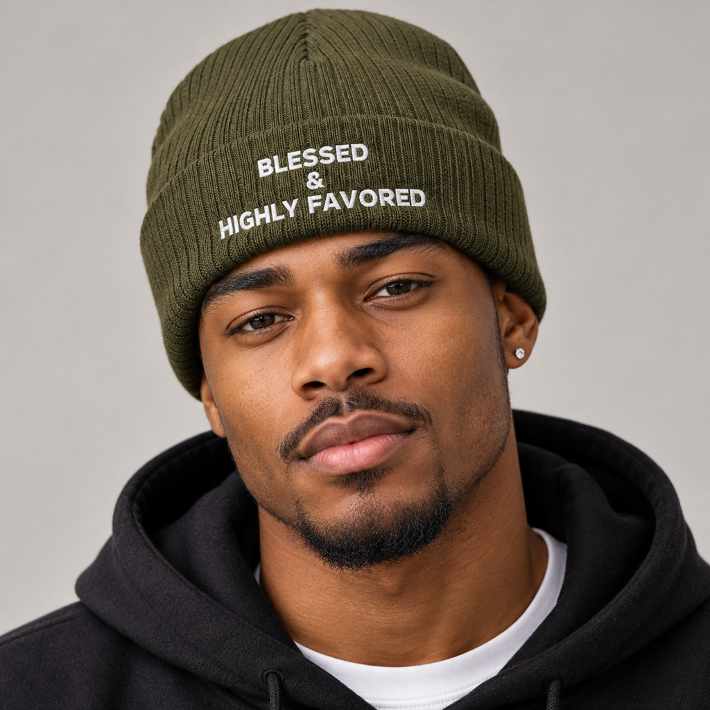 Model mockup of Blessed & Highly Favored ribbed knit beanie in Olive