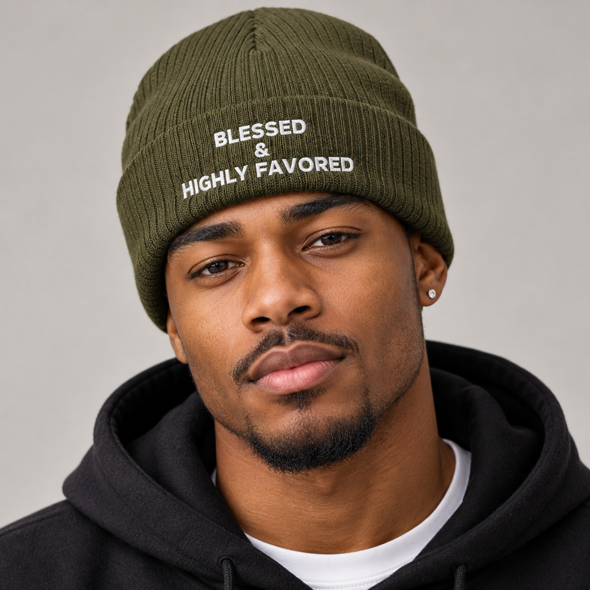 Model mockup of Blessed & Highly Favored ribbed knit beanie in Olive