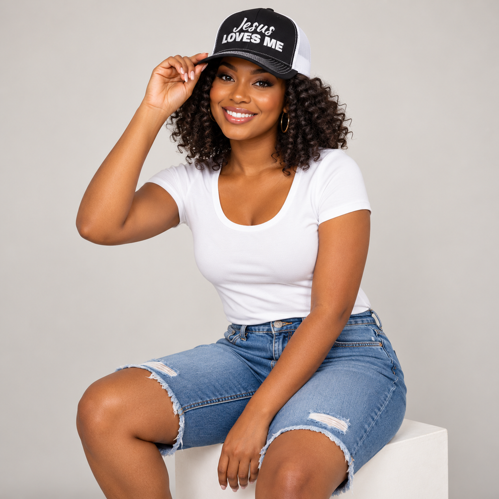 Solo smiling model wearing Jesus Loves Me Christian Snapback Trucker Cap, Black / White