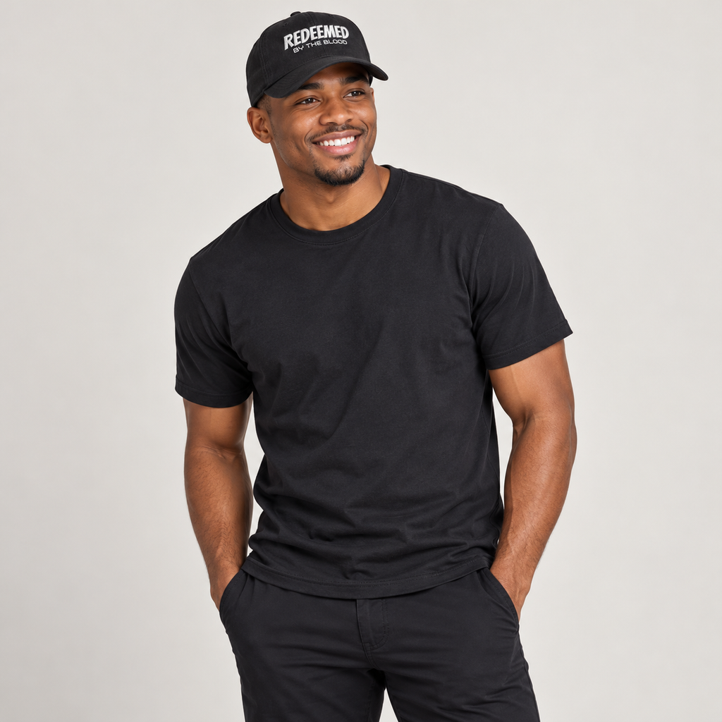 Solo smiling model wearing Redeemed by the Blood - Embroidered Cap, Black