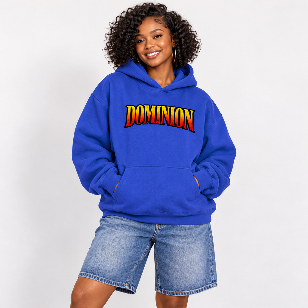 Solo smiling model wearing Dominion hoodie, Navy Blue