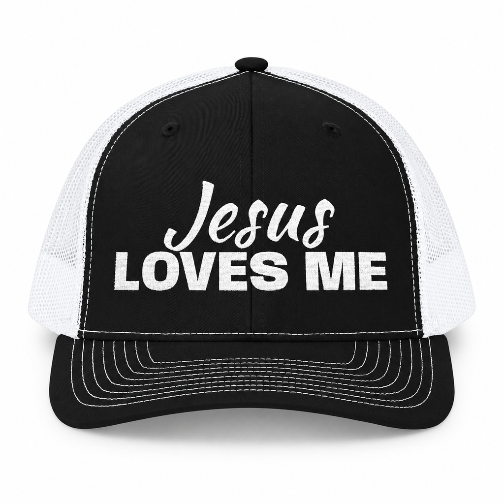 3D product mockup, Black — Jesus Loves Me Christian Snapback Trucker Cap