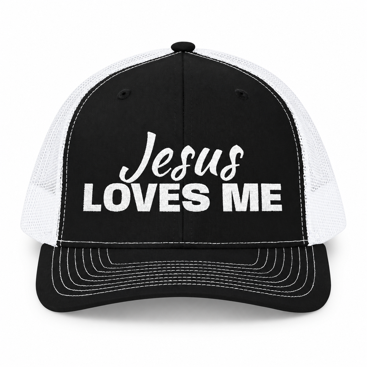 3D product mockup, Black — Jesus Loves Me Christian Snapback Trucker Cap