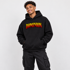 Solo smiling model wearing Dominion hoodie, Black
