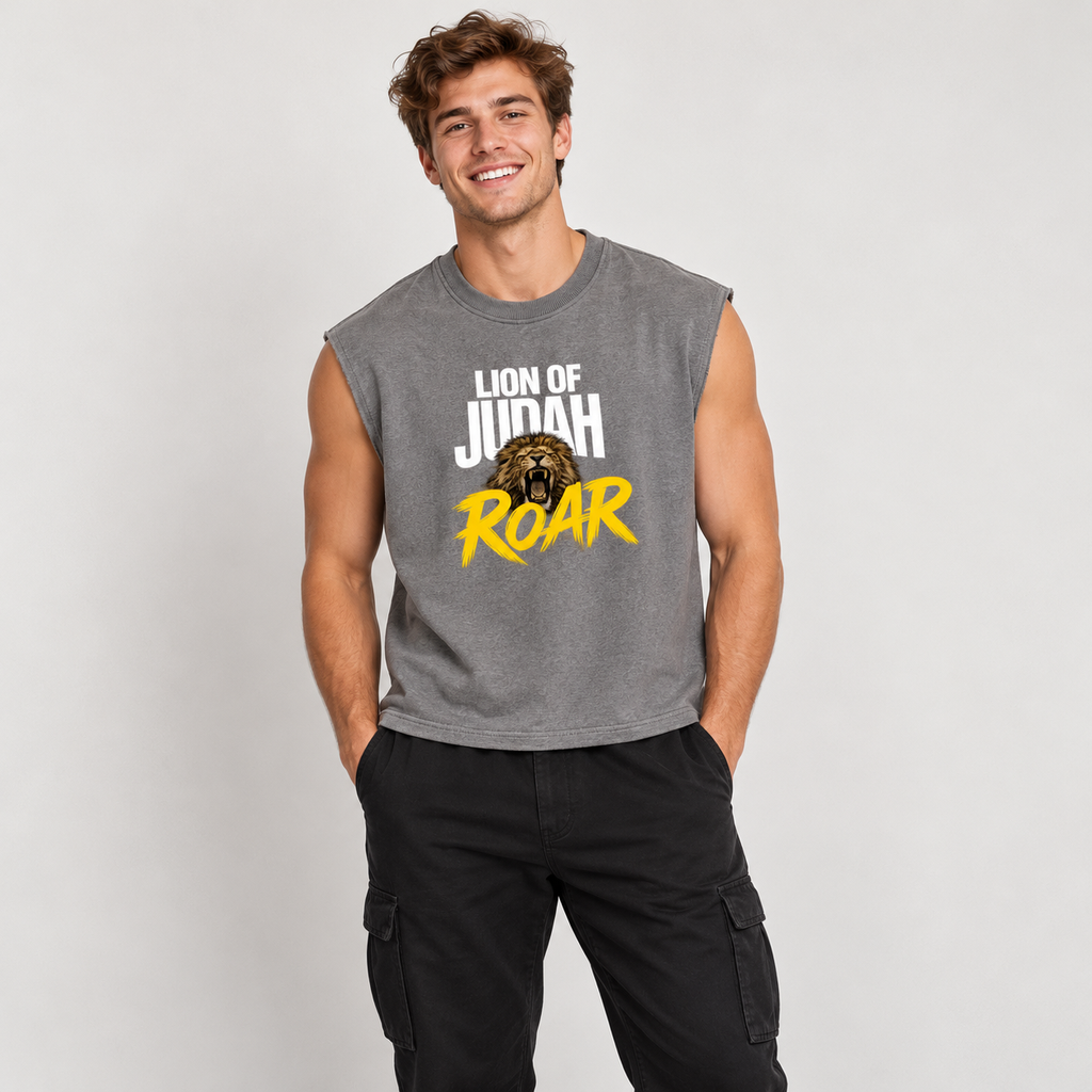 Solo smiling model wearing Lion of Judah - Boxy Tank Top, Gray