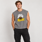 Solo smiling model wearing Lion of Judah - Boxy Tank Top, Gray