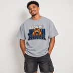 Solo smiling model wearing Lion of Judah Roar - Drop Shoulder Wash T-Shirt, Light Gray
