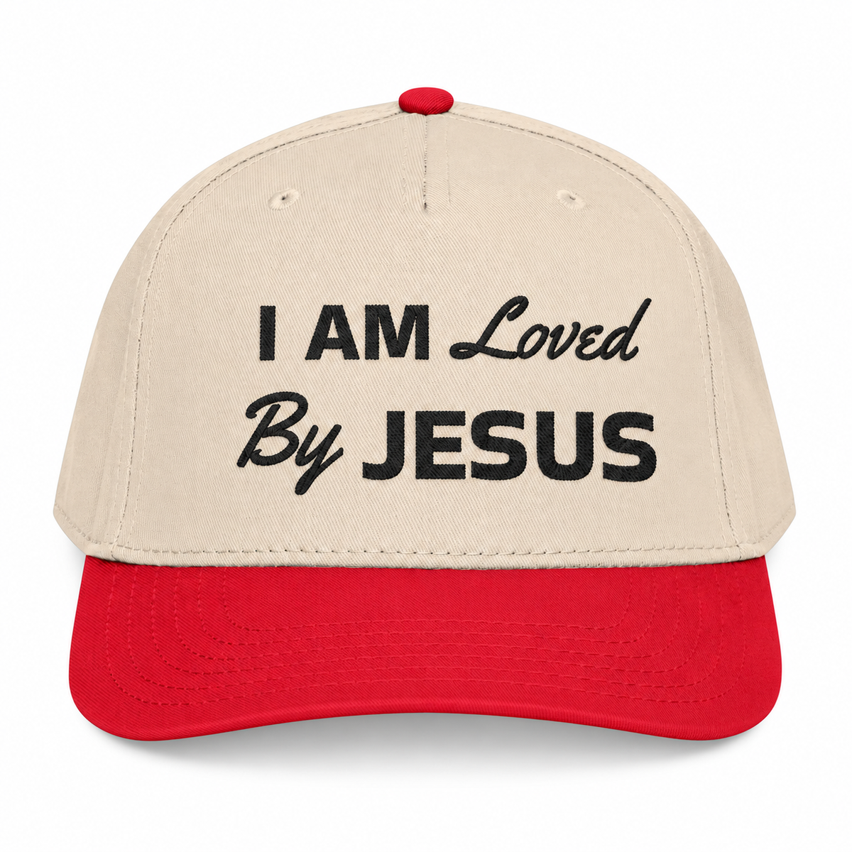 3D product mockup, Red / Natural — I am Loved By Jesus - Cap