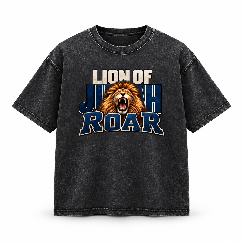 3D product mockup, Black — Lion of Judah Roar - Drop Shoulder Wash T-Shirt
