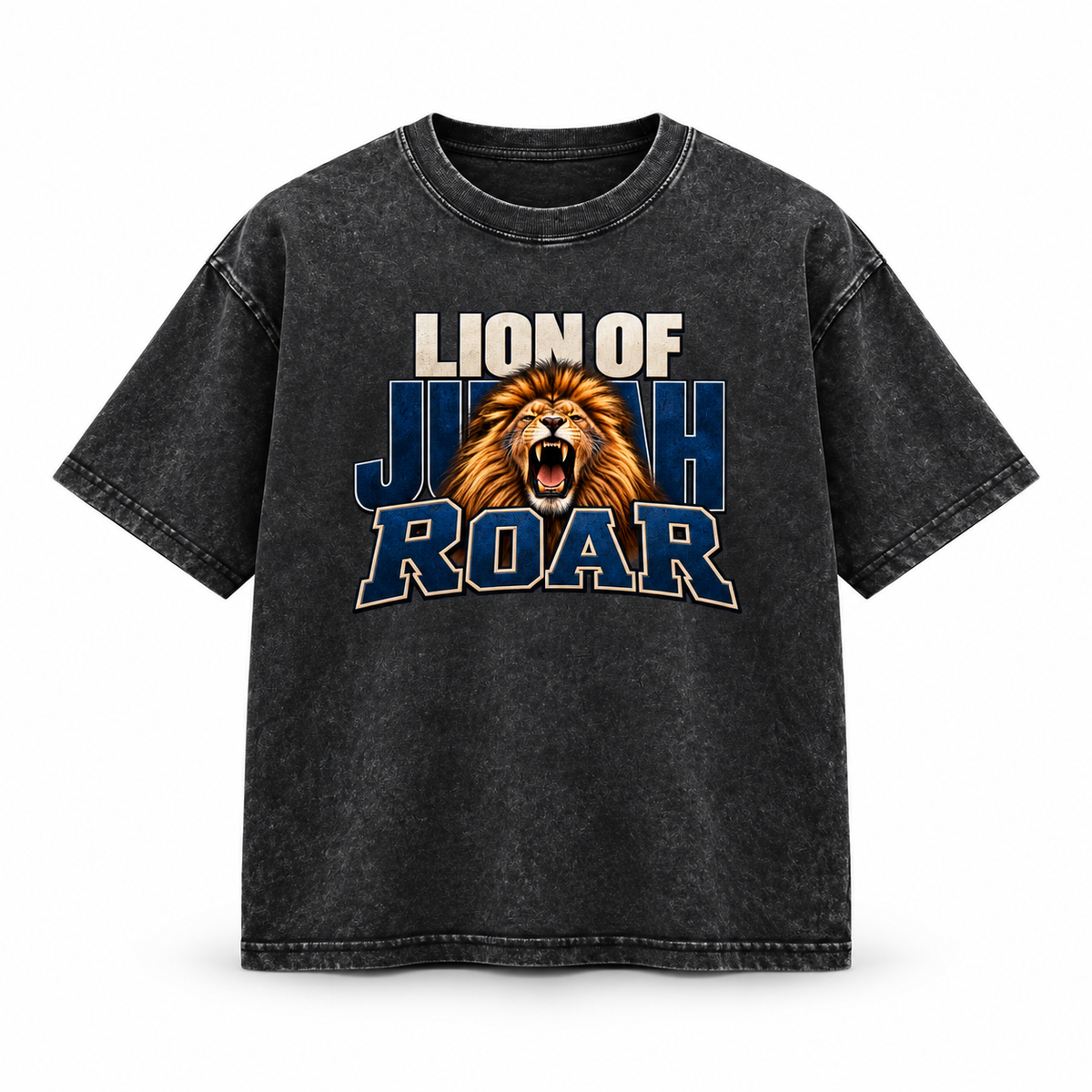 3D product mockup, Black — Lion of Judah Roar - Drop Shoulder Wash T-Shirt