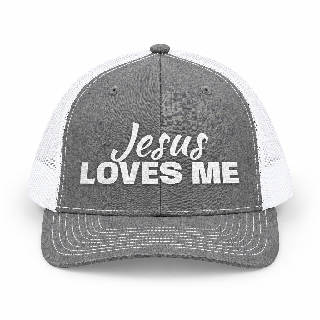 3D product mockup, Heather Grey / White — Jesus Loves Me Christian Snapback Trucker Cap