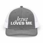 3D product mockup, Heather Grey / White — Jesus Loves Me Christian Snapback Trucker Cap