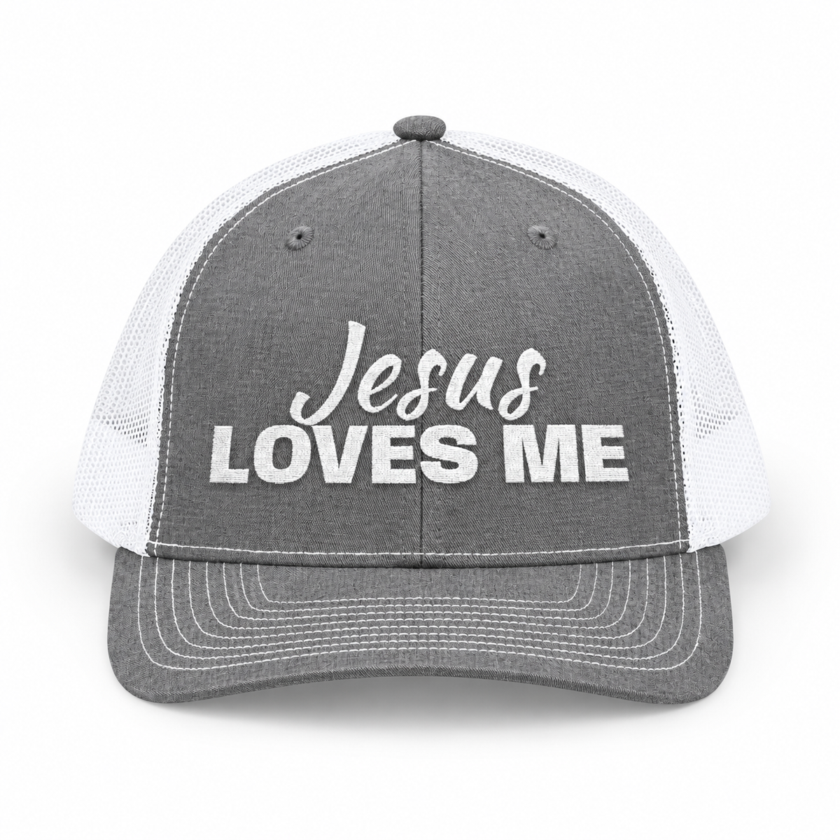 3D product mockup, Heather Grey / White — Jesus Loves Me Christian Snapback Trucker Cap