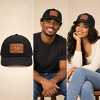 3D product render with separate standing male and seated female models for Blessed & Highly Favored Leather Patch Baseball Cap