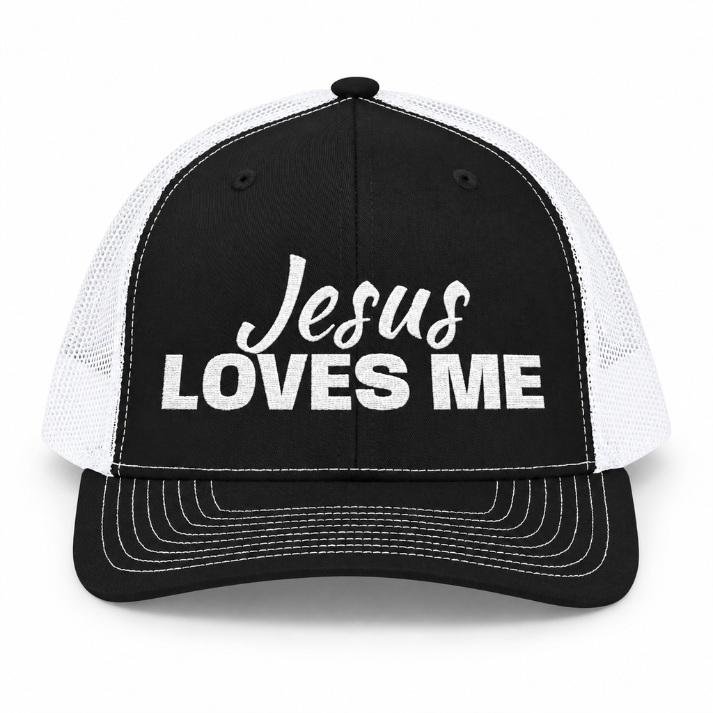 3D product mockup, Black / White — Jesus Loves Me Christian Snapback Trucker Cap