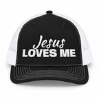 3D product mockup, Black / White — Jesus Loves Me Christian Snapback Trucker Cap