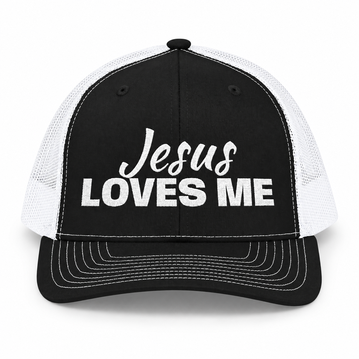 3D product mockup, Black / White — Jesus Loves Me Christian Snapback Trucker Cap